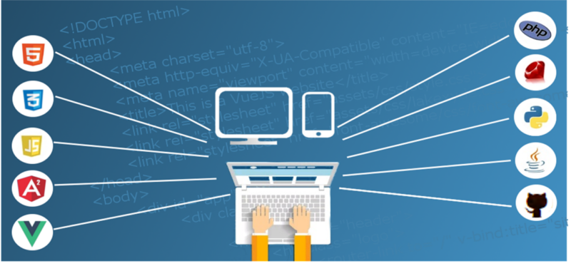 Technik-Webdesign Bild mit einem Laptop auf blauem Hintergrund und Html-Codezeilen. Rechts und links sind die Symbole von Programmiersprachen.