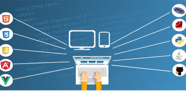 Technik-Webdesign Bild mit einem Laptop auf blauem Hintergrund und Html-Codezeilen. Rechts und links sind die Symbole von Programmiersprachen.